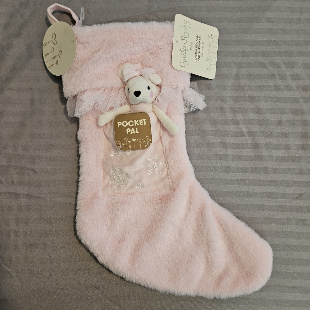 NEW Cynthia Rowley Christmas Stocking Pink Pocket Pal Faux Fur Plush Bear Ballet
